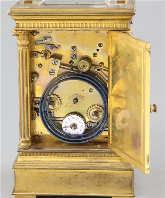 An early 20th century French quarter repeating carriage alarm clock, by Le Roy & Fils, Palais Royale, height 7in.